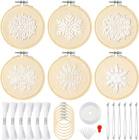 K1tpde 6 Set Winter Embroidery Kit for Beginners Blue Snowflakes DIY Needlepoint Kit with Pattern Instruction Embroidery Hoop Threads Needles Needle Threader Ropes and Ribbon Christmas Tree Decoration in Kuwait