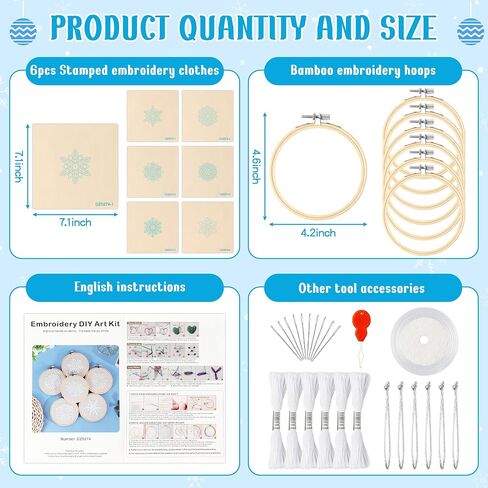K1tpde 6 Set Winter Embroidery Kit for Beginners Blue Snowflakes DIY Needlepoint Kit with Pattern Instruction Embroidery Hoop Threads Needles Needle Threader Ropes and Ribbon Christmas Tree Decoration in Kuwait