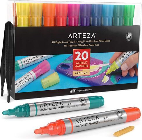 ARTEZA Acrylic Paint Markers, Set of 40 Acrylic Paint Pens in Assorted Colors, Art & Craft Supplies for Glass, Pottery, Ceramic, Plastic, Rock, and Canvas Painting in Kuwait
