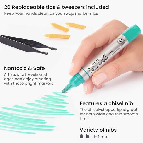 ARTEZA Acrylic Paint Markers, Set of 40 Acrylic Paint Pens in Assorted Colors, Art & Craft Supplies for Glass, Pottery, Ceramic, Plastic, Rock, and Canvas Painting in Kuwait