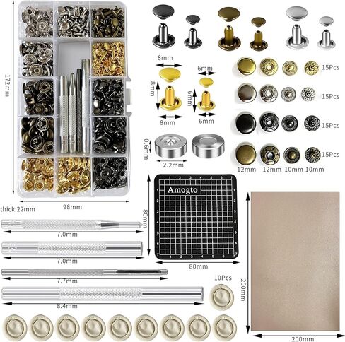 12.5mm Metal Rivets Leather Rivets Kit,6 * 6 8 * 8 Double Cap Brass Rivets Leather Studs with Tools for Leather Repair and Crafts, Snaps Press Studs with Heavy Duty Leather Snap Fasteners Kit in Kuwait