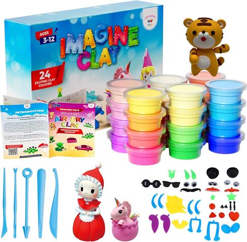 Imagine Clay - Creative Fun Clay Kit - 24 Vibrant Colors Air Dry Modeling Clay, 5 Sculpting Tools, 30+ Fun Accessories, Extra Sealed Bags, Illustrated Project Booklet, Ages 3-12+ in Saudi Arabia