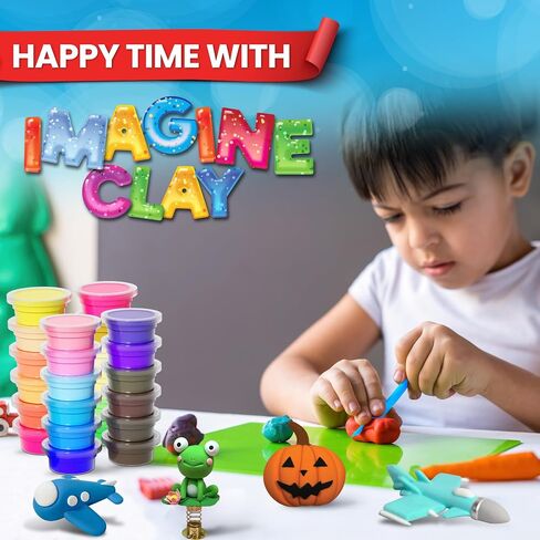 Imagine Clay - Creative Fun Clay Kit - 24 Vibrant Colors Air Dry Modeling Clay, 5 Sculpting Tools, 30+ Fun Accessories, Extra Sealed Bags, Illustrated Project Booklet, Ages 3-12+ in Saudi Arabia