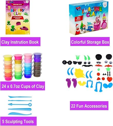 Imagine Clay - Creative Fun Clay Kit - 24 Vibrant Colors Air Dry Modeling Clay, 5 Sculpting Tools, 30+ Fun Accessories, Extra Sealed Bags, Illustrated Project Booklet, Ages 3-12+ in Saudi Arabia