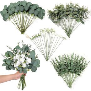 110 Pcs 7 Kinds Mixed Artificial Eucalyptus Stems and Faux Flowers,Fake Silver Dollar Eucalyptus Leaves Stems Bulk Real Touch Leaf Branches for DIY Bouquets Floral Arrangement Wedding Home Decor in Kuwait