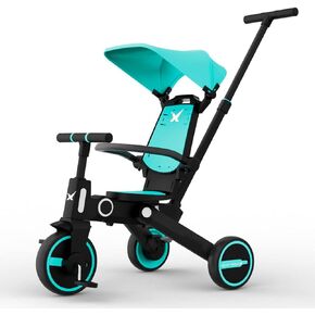 Newtronx Trixplorer -7 in 1 Folding Toddler Tricycle Removable Push Handle, Rotatable Seat, Adjustable Canopy, Safety Harness, Storage, Basket-Tricycle for Toddlers for 1-5 Year Old (Racing/Green) in Kuwait