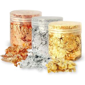 رقائق ذهبية من دبليو اف ايه يو اي بي ار للراتنج، 3 زجاجات رقائق معدنية 15 غرام، رقائق ذهبية للحرف اليدوية وفن الاظافر والطلاء والسلايم وصنع مجوهرات الراتنج، (ذهبي وفضي، الوان نحاسية) in Kuwait