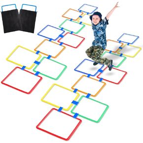 Woanger Hopscotch Squares Set Hopscotch Ring Game with Hoops Squares Connectors Outdoor Indoor Obstacle Course for Kids Playground Balance Agility Training Equipment Fun Play