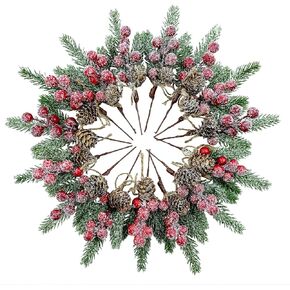 15 قطعة من اعواد الكريسماس الاصطناعية من التوت الاخضر لديكور الكريسماس، سيقان التوت الاحمر، فروع صنوبر صناعية، مخاريط هولي صناعية لتزيين الكريسماس والحرف اليدوية (نمط 1) in Kuwait