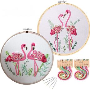 Konrisa Flamingo Embroidery Kit for Beginners with Pattern Floral Stamped Full Range of Embroidery Starter Kit for Adults Cross Stitch Kit with Embroidery Cloth, Hoops, Color Thread and Tools,Set of 2