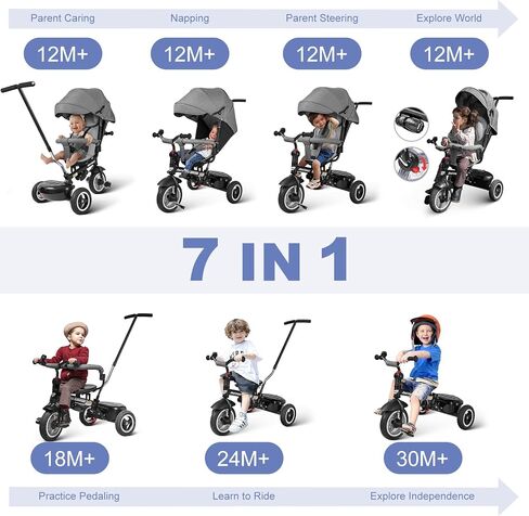 دراجة ثلاثية العجلات للأطفال من بسري، دراجة ثلاثية العجلات للأطفال، دراجة ثلاثية العجلات للأطفال الصغار، عربة ثلاثية العجلات مع مقبض دفع، عجلات مطاطية لجميع التضاريس، أوضاع استلقاء متعددة ومقعد دوار 360 درجة in Kuwait