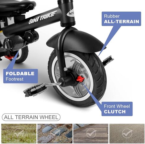 دراجة ثلاثية العجلات للأطفال من بسري، دراجة ثلاثية العجلات للأطفال، دراجة ثلاثية العجلات للأطفال الصغار، عربة ثلاثية العجلات مع مقبض دفع، عجلات مطاطية لجميع التضاريس، أوضاع استلقاء متعددة ومقعد دوار 360 درجة in Kuwait