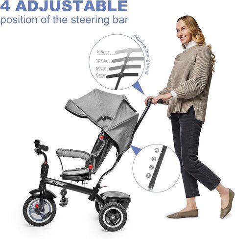 دراجة ثلاثية العجلات للأطفال من بسري، دراجة ثلاثية العجلات للأطفال، دراجة ثلاثية العجلات للأطفال الصغار، عربة ثلاثية العجلات مع مقبض دفع، عجلات مطاطية لجميع التضاريس، أوضاع استلقاء متعددة ومقعد دوار 360 درجة in Kuwait