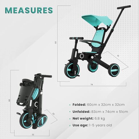 Newtronx Trixplorer -7 in 1 Folding Toddler Tricycle Removable Push Handle, Rotatable Seat, Adjustable Canopy, Safety Harness, Storage, Basket-Tricycle for Toddlers for 1-5 Year Old (Racing/Green) in Kuwait