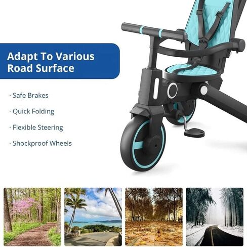 Newtronx Trixplorer -7 in 1 Folding Toddler Tricycle Removable Push Handle, Rotatable Seat, Adjustable Canopy, Safety Harness, Storage, Basket-Tricycle for Toddlers for 1-5 Year Old (Racing/Green) in Kuwait