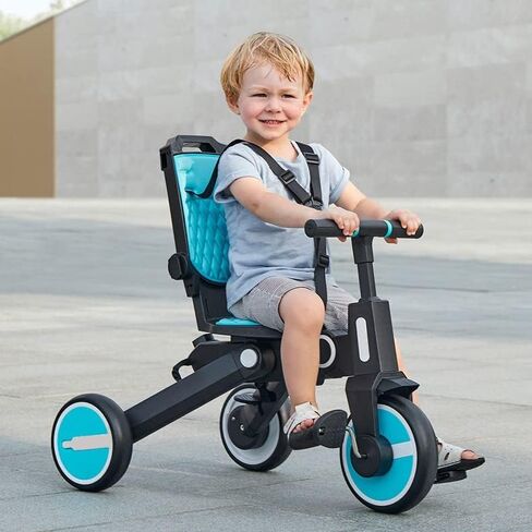 Newtronx Trixplorer -7 in 1 Folding Toddler Tricycle Removable Push Handle, Rotatable Seat, Adjustable Canopy, Safety Harness, Storage, Basket-Tricycle for Toddlers for 1-5 Year Old (Racing/Green) in Kuwait