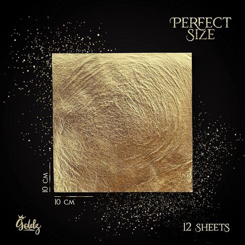 جولدز: اوراق ذهب اصلية صالحة للاكل عيار 24 قيراط - ورق ذهب حقيقي - حجم كبير 10 سم × 10 سم - 12 ورقة - اوراق ذهبية اصلية للفنون والطعام والحرف اليدوية والديكور - ذهبي حقيقي ونقي صالح للاكل in Kuwait