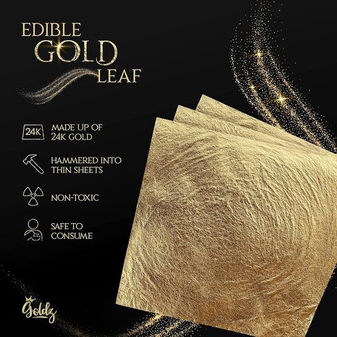 جولدز: اوراق ذهب اصلية صالحة للاكل عيار 24 قيراط - ورق ذهب حقيقي - حجم كبير 10 سم × 10 سم - 12 ورقة - اوراق ذهبية اصلية للفنون والطعام والحرف اليدوية والديكور - ذهبي حقيقي ونقي صالح للاكل in Kuwait