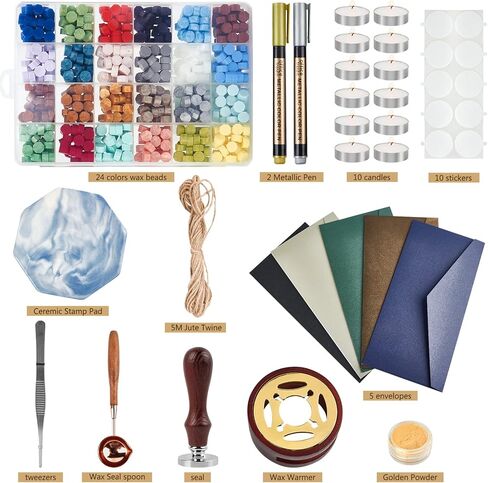 مجموعة ختم الشمع من Mceal، 24 لونًا 648 قطعة، ختم أرنب مطلي بالفضة (30 مم)، قلم معدني ذهبي وفضي، قاعدة وإكسسوارات، عبوة صندوق هدايا in Kuwait