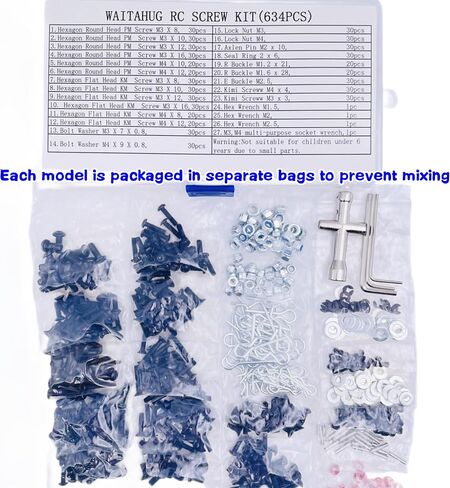 634pcs Universal RC Screw Assortment kit-27 Models of Screws Wrench Repair Tools - 1/8 1/10 1/12 1/16 Truck,Tracked car, Remote Control car, Trains, Planes, Repair Tools for Off-Road Vehicles in Kuwait