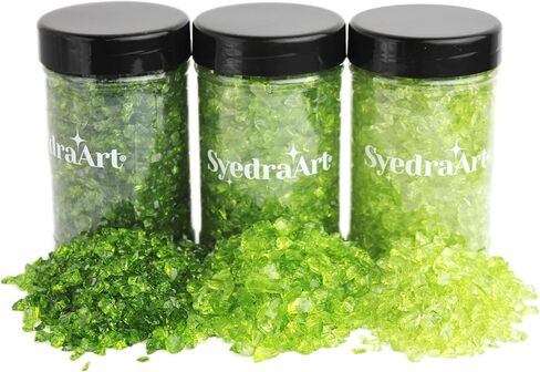 Syedra Crushed Glass for Crafts,Set of 3, High Luster Chips, Glitter,Broken Glass Pieces, 3-6mm, Diamond Green 1LB in Kuwait