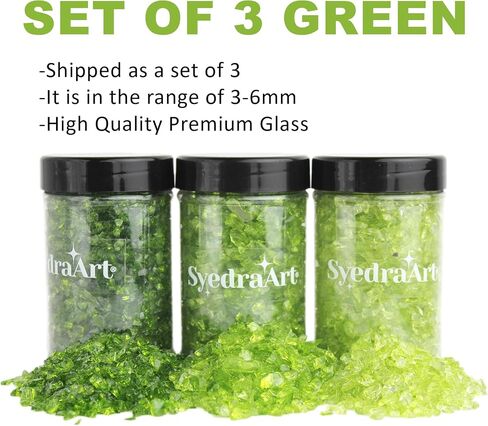Syedra Crushed Glass for Crafts,Set of 3, High Luster Chips, Glitter,Broken Glass Pieces, 3-6mm, Diamond Green 1LB in Kuwait