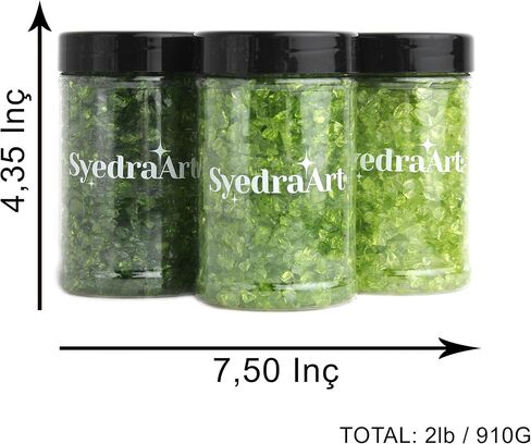 Syedra Crushed Glass for Crafts,Set of 3, High Luster Chips, Glitter,Broken Glass Pieces, 3-6mm, Diamond Green 1LB in Kuwait