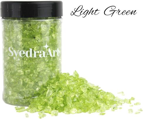 Syedra Crushed Glass for Crafts,Set of 3, High Luster Chips, Glitter,Broken Glass Pieces, 3-6mm, Diamond Green 1LB in Kuwait