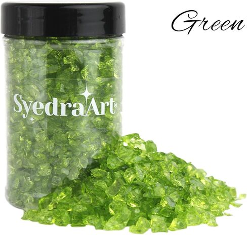 Syedra Crushed Glass for Crafts,Set of 3, High Luster Chips, Glitter,Broken Glass Pieces, 3-6mm, Diamond Green 1LB in Kuwait