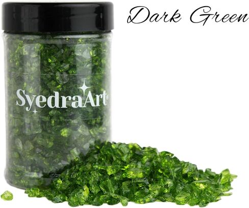 Syedra Crushed Glass for Crafts,Set of 3, High Luster Chips, Glitter,Broken Glass Pieces, 3-6mm, Diamond Green 1LB in Kuwait