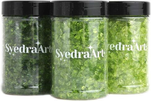 Syedra Crushed Glass for Crafts,Set of 3, High Luster Chips, Glitter,Broken Glass Pieces, 3-6mm, Diamond Green 1LB in Kuwait