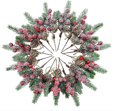 15 قطعة من اعواد الكريسماس الاصطناعية من التوت الاخضر لديكور الكريسماس، سيقان التوت الاحمر، فروع صنوبر صناعية، مخاريط هولي صناعية لتزيين الكريسماس والحرف اليدوية (نمط 1) in Kuwait