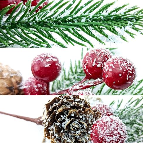 15 قطعة من اعواد الكريسماس الاصطناعية من التوت الاخضر لديكور الكريسماس، سيقان التوت الاحمر، فروع صنوبر صناعية، مخاريط هولي صناعية لتزيين الكريسماس والحرف اليدوية (نمط 1) in Kuwait