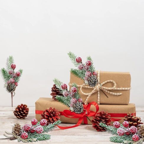 15 قطعة من اعواد الكريسماس الاصطناعية من التوت الاخضر لديكور الكريسماس، سيقان التوت الاحمر، فروع صنوبر صناعية، مخاريط هولي صناعية لتزيين الكريسماس والحرف اليدوية (نمط 1) in Kuwait