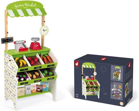 Janod Green Wooden Market Grocery Play Stand with 32 Accessories - Ages 3+ - J06574 in Saudi Arabia