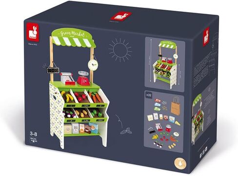 Janod Green Wooden Market Grocery Play Stand with 32 Accessories - Ages 3+ - J06574 in Saudi Arabia