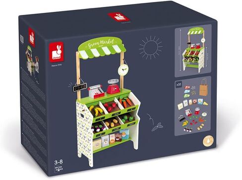 Janod Green Wooden Market Grocery Play Stand with 32 Accessories - Ages 3+ - J06574 in Saudi Arabia