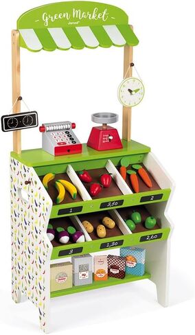 Janod Green Wooden Market Grocery Play Stand with 32 Accessories - Ages 3+ - J06574 in Saudi Arabia