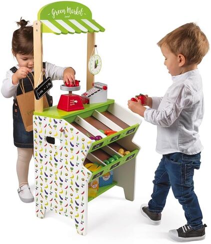 Janod Green Wooden Market Grocery Play Stand with 32 Accessories - Ages 3+ - J06574 in Saudi Arabia
