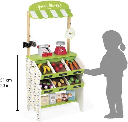 Janod Green Wooden Market Grocery Play Stand with 32 Accessories - Ages 3+ - J06574 in Saudi Arabia