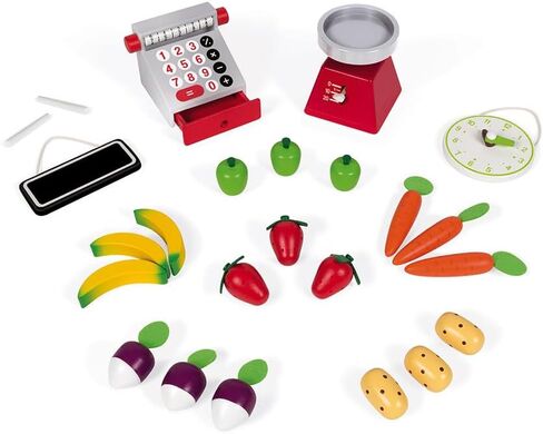 Janod Green Wooden Market Grocery Play Stand with 32 Accessories - Ages 3+ - J06574 in Saudi Arabia