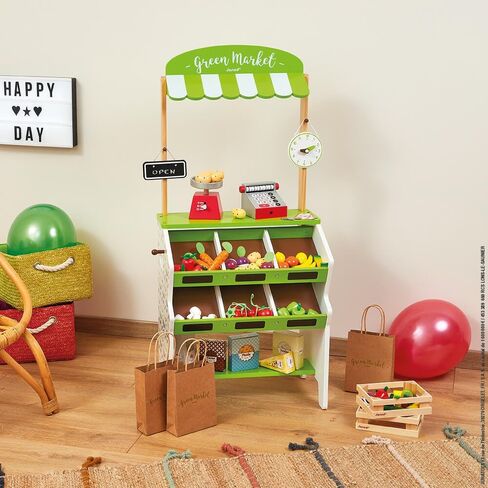 Janod Green Wooden Market Grocery Play Stand with 32 Accessories - Ages 3+ - J06574 in Saudi Arabia