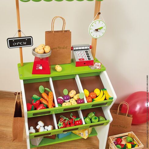 Janod Green Wooden Market Grocery Play Stand with 32 Accessories - Ages 3+ - J06574 in Saudi Arabia