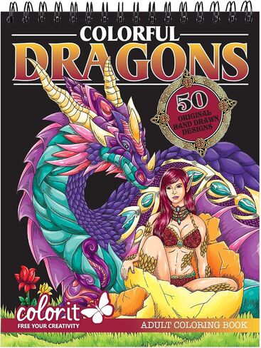 كتاب تلوين للكبار من ColorIt Dragons الملونة - 50 تصميمًا من جانب واحد، ورق ناعم سميك، أغطية خلفية مسطحة مسطحة، غلاف حلزوني، مطبوع في الولايات المتحدة الأمريكية، صفحات تنين للتلوين (المجلد الأول) in Kuwait