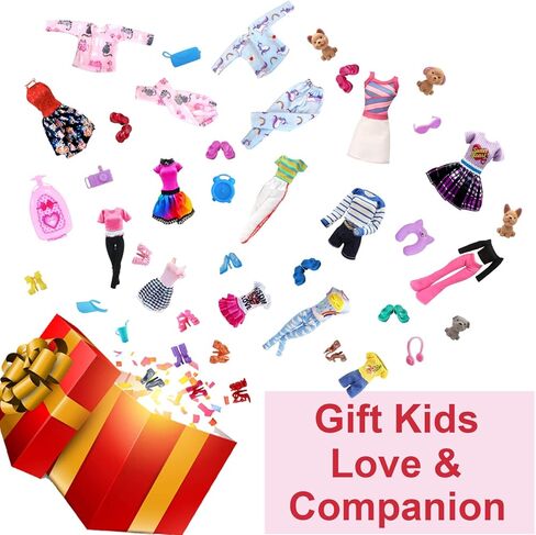 28 عبوة من ملابس وإكسسوارات دمى الفتيات من EumbHoa، 2 منامة رواية القصص، 3 فساتين أنيقة، 3 ملابس ملابس، 10 أحذية، مجموعة سفر للدمى 29.21 سم، مستلزمات المدرسة الصغيرة in Kuwait