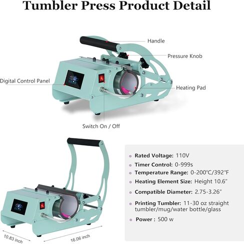 Ecolaser Tumbler Heat Press Machine, Tumbler Mug Press Heat Machine for 20-30 OZ Sublimation Straight Blank Skinny Glass Jar Can, Cup Heat Press for DIY Gifts to Your Family/Friends - Mint Green in Kuwait