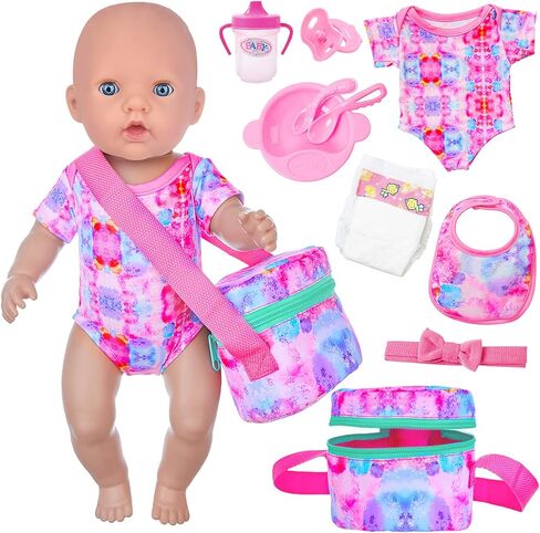 K.T. Fancy 10 PCS Baby Doll Accessories, Baby Doll Feeding and Caring Set Pretend Play Set for Kids Includes Carry Bag, Dinner Plate, Doll Drinking Bottles, Babies Doll Bib (NO Doll) in Kuwait
