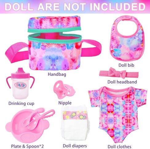 K.T. Fancy 10 PCS Baby Doll Accessories, Baby Doll Feeding and Caring Set Pretend Play Set for Kids Includes Carry Bag, Dinner Plate, Doll Drinking Bottles, Babies Doll Bib (NO Doll) in Kuwait