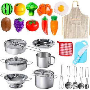 POPUTOY 28Pcs Pretend Play Kitchen Toys, Kitchen Playset Cooking Toys Set with Stainless Steel Cookware and Accessories for Kids Toddlers Girls Boys in Saudi Arabia