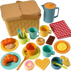 HERSITY Tea Party Set Toddler, Picnic Basket Toys with Teapot Tea Cup Dessert and Mat, Pretend Play Kitchen Toy Gifts for Little Girls Kids 3 4 5 6 Years Old